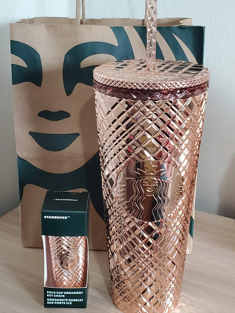 Starbucks Rose Gold Textured Cold Cup Tumbler with Keychain NWT
